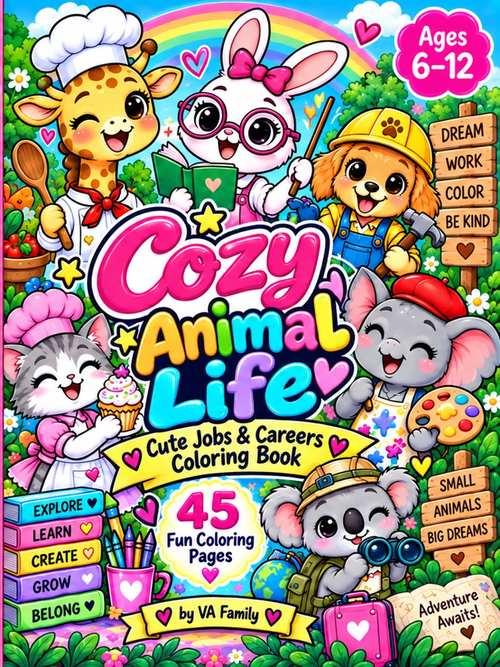 Cozy Animal Life cover featuring animals with different careers