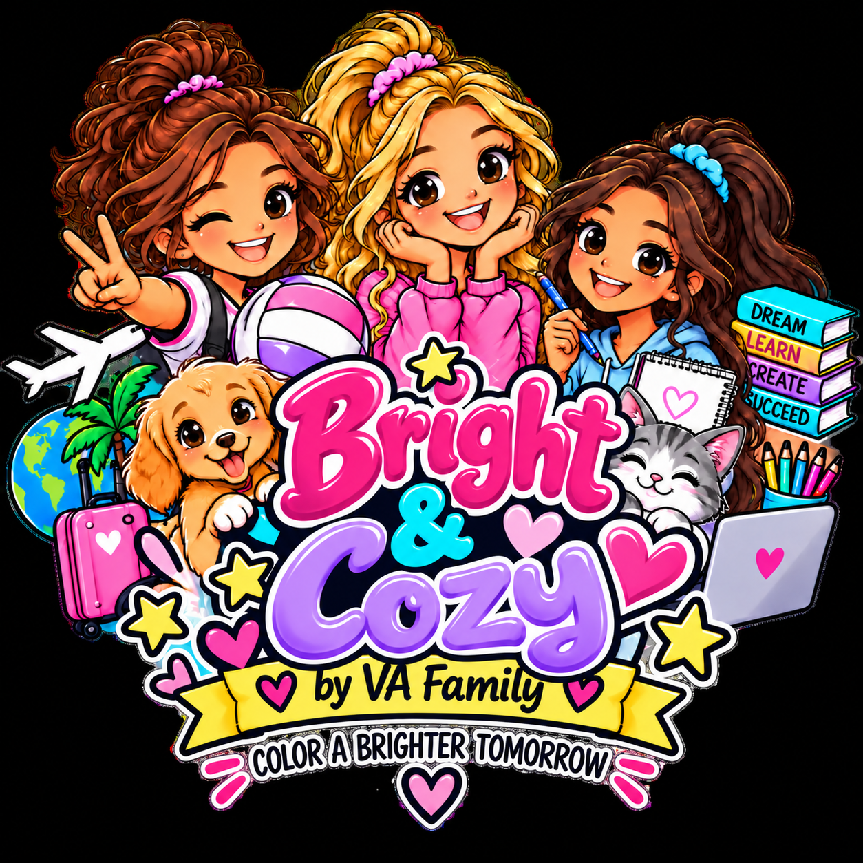 Bright & Cozy by VA Family: three friends, animal companions, books, and colorful adventures