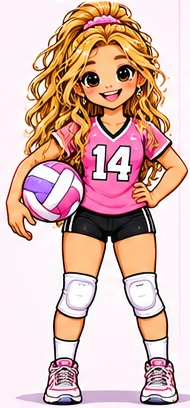 Violet, the golden-haired illustrated volleyball character wearing a pink number 14 jersey